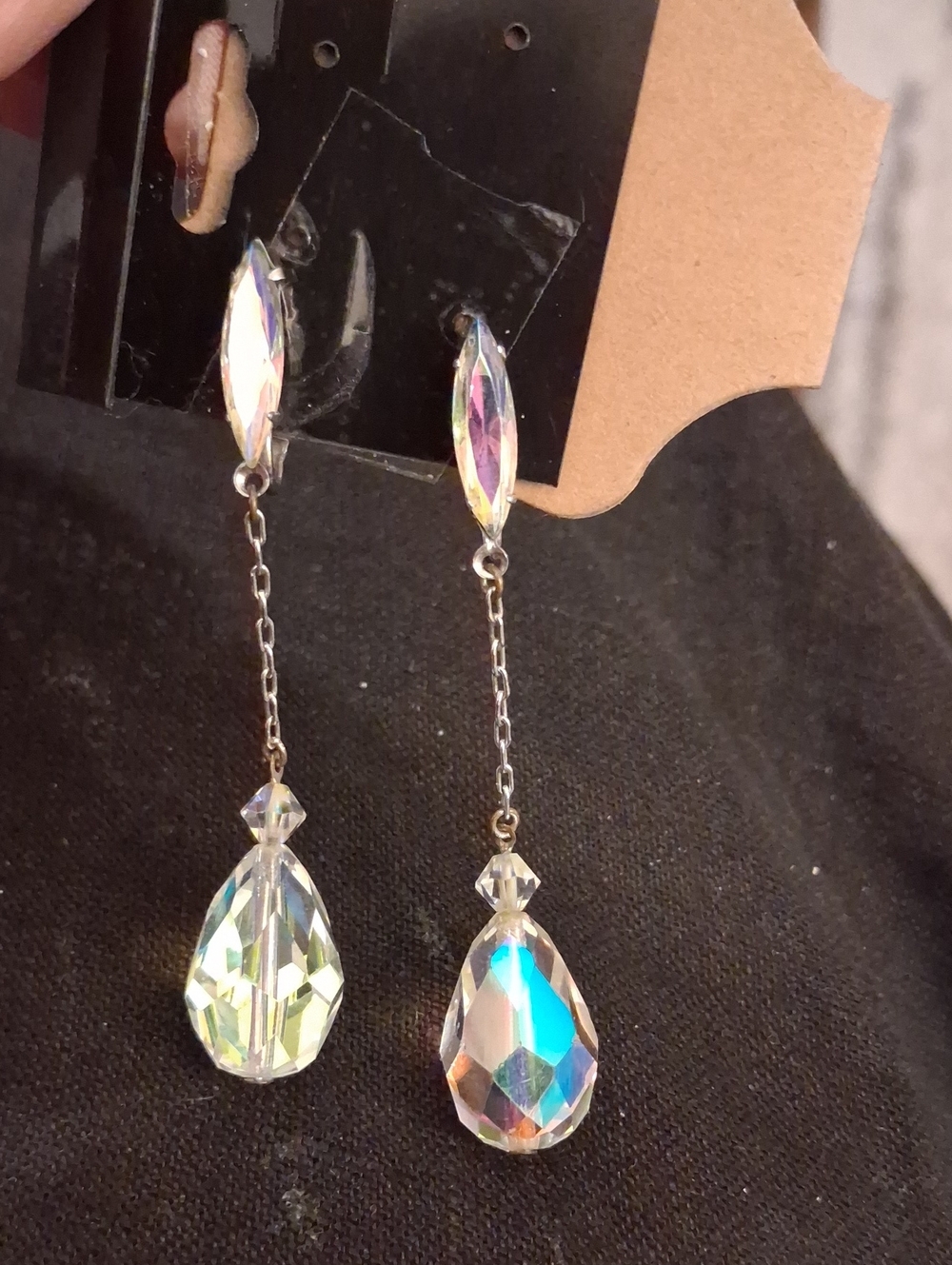 Vintage Clip Silver Crystal Dangle Earrings in Iridescent Clear - Picture 3 of 9